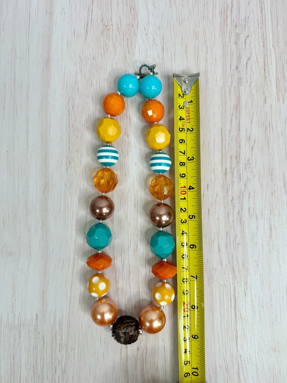 Colorful Chunky Beaded Necklace - Teal, Orange, Yellow, Bronze